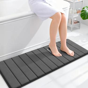 Imagem de OLANLY Tapetes de banheiro longos listrados de espuma viscoelástica 128 x 43 cm, tapete de banho absorvente super macio, secagem rápida, lavável na máquina, tapetes de chuveiro, tapete de banho