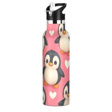 Imagem de Garrafas de água isoladas de aço inoxidável de 590 ml com tampa de canudo para bebidas frias ou quentes, pinguins fofos, corações brancos, rosa, parede dupla, vácuo, livre de BPA, copos de viagem para