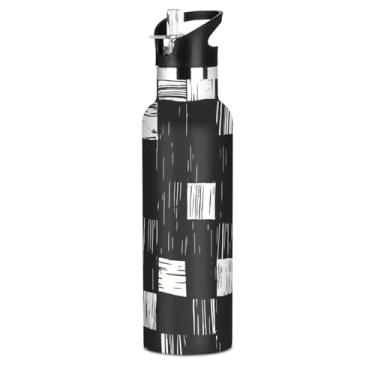 Imagem de Garrafas de água abstratas xadrez preto e branco com tampa de palha, garrafa de água de aço inoxidável isolada para adolescentes e meninas, copo de viagem de parede dupla à prova de vazamento, copo de