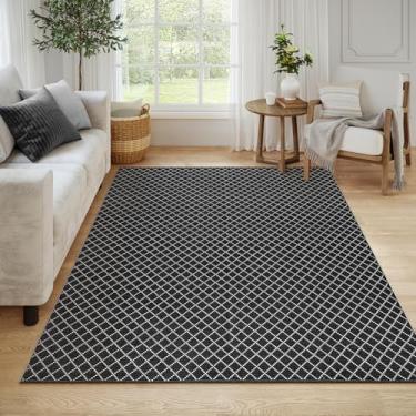 Imagem de Lahome Tapete preto e branco, 12 x 18 cm, boêmio, quadriculado, tapete preto para quarto, sala de estar, tapete de tecido de algodão, leve e lavável, tapete preto de pelo baixo para sala de jogos