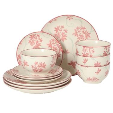 Imagem de Gibson Home Admiral Hall Conjunto de louça de grés fosco de 12 peças – Pratos de jantar, pratos de salada e tigelas com padrão floral rosa, conjunto de pratos durável para uso diário, pode ser
