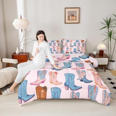 Imagem de Erosebridal Conjunto de edredom de botas de caubói ocidental, conjunto de cama de cowboy vintage para meninas e crianças, conjunto de cama retrô rústico rústica, decoração de quarto de vaqueira rosa