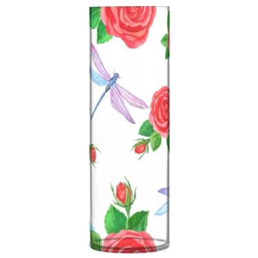 Imagem de CEBUGI Vaso de flores rosa libélula 10 cm x 30 cm Vaso cilíndrico para flores, vaso transparente inquebrável para decoração de casa de festa de casamento