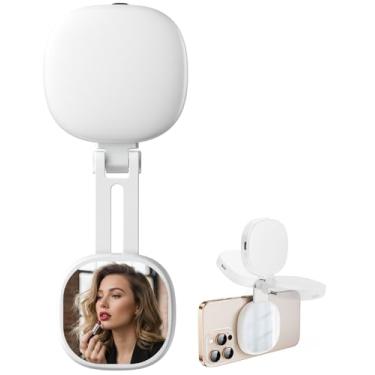 Imagem de Luz magnética para selfie, anel de LED dobrável, compatível com iPhone, Android, luz de telefone portátil recarregável com espelho para selfies, vlog, maquiagem, fotografia (branca)