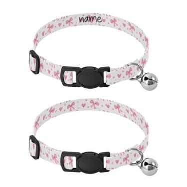Imagem de SEHANY Conjunto de 2 coleiras de cachorro com laço rosa fofo, fivela de plástico resistente, leve, macia e leve, com sino pequeno, coleiras personalizadas com nome de animal de estimação para meninos