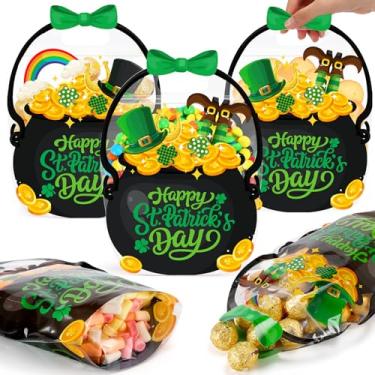 Imagem de Fuutreo 50 peças de sacos de presente de Dia de São Patrício, bolsas de plástico para caldeirão preto com alças Happy St. Patrick's Day Sacos de presentes para festa de feriado irlandesa decoração de