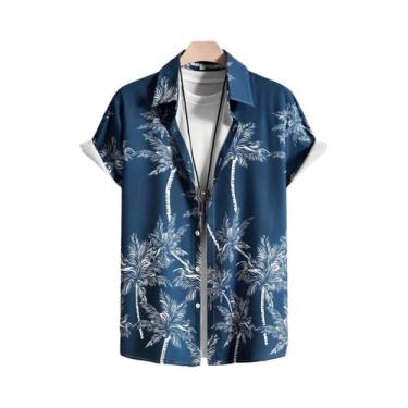 Imagem de Camisa Havaiana Masculina Com Estampa De Palmeira, Manga Curta, Botões