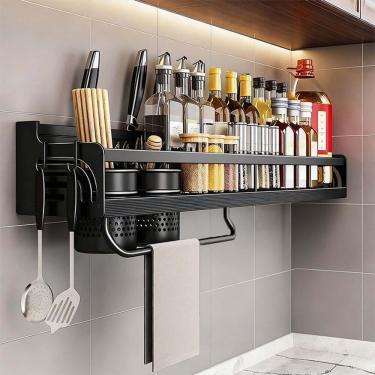Imagem de Prateleira Alumínio 60cm Cozinha Porta Faca Copos Ganchos ElaShopp