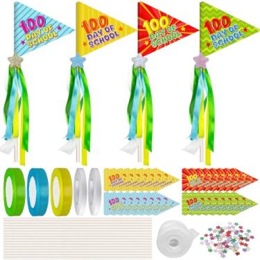 Imagem de Cinrobiye 32 Pcs 100 Days of School Flag Craft Kit DIY 100th Day of School Making with Sign Photo Prop with Ribbons Stars and Stick for Preschool Kindergarten Welcome Classroom Activities Decoration