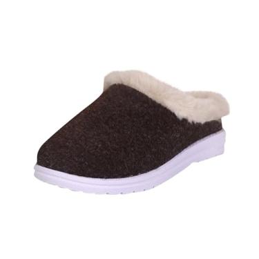 Imagem de Pantufas de camurça com bico redondo e sola plana para mulheres, casual, inverno, uso interno, Marrom, 39