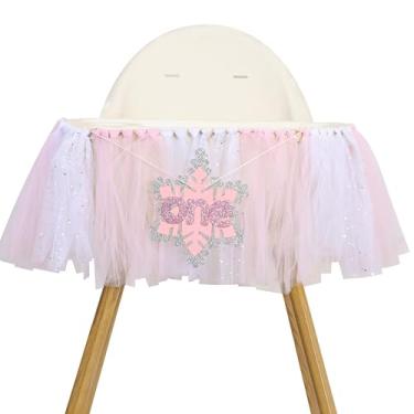 Imagem de Faixa de cadeira alta Winter Onederland - Decorações de festa de aniversário de princesinha, faixas de fita de tule rosa e glitter prata, adereços para fotos de festa de aniversário de floco de neve