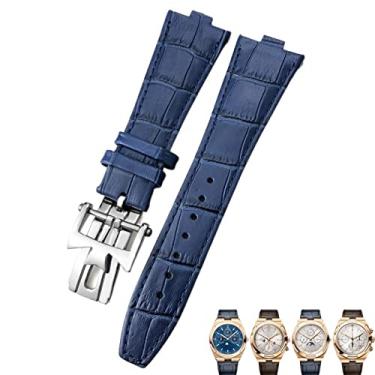 Imagem de ORKDFJ Pulseira de relógio com interface convexa de couro genuíno de 25-9 mm para Vacheron Constantin Overseas Black Blue Brown Bamboo Grain Watch Bands (Cor: azul claro prata 1, tamanho: 25-8 mm)