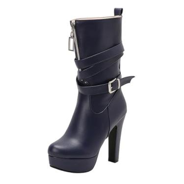 Imagem de Botas femininas de inverno sólidas bico redondo com zíper frontal à prova d'água salto alto cano médio, Azul royal, 34