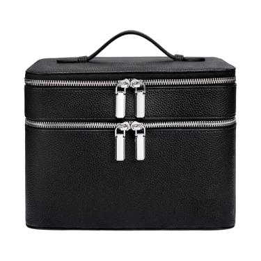 Imagem de idoltimes Estojo de maquiagem, bolsa de maquiagem de couro de grande capacidade para mulheres, estojo cosmético de couro duplo impermeável de grande capacidade, organizador de viagem com compartimento