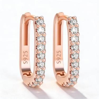 Imagem de Brincos de argola banhados a ouro rosa 14 K fino moderno pequeno quadrado 925 prata esterlina geométrica minimalista retangular zircônia cúbica brincos em forma de U brincos joias presentes para