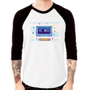 Imagem de Camiseta Raglan Fita Cassete Manga 3/4 - Foca na Moda, Branco, Preto, 