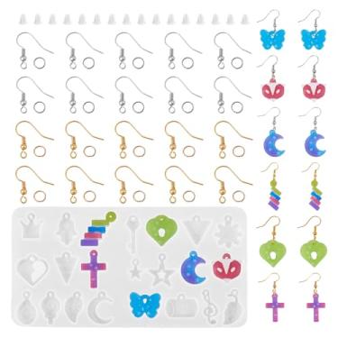 Imagem de Brincos faça-você-mesmo moldes de resina coroa folha cruz pingente molde de silicone com anéis de salto, porcas de orelha, brincos de latão ganchos para brincos, pingente, chaveiro, fabricação de