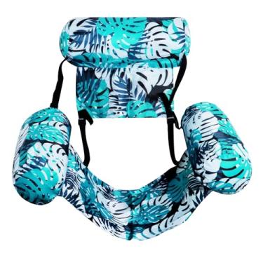 Imagem de Cadeira Flutuante Inflável para Adultos, Tecido Suave + Encosto Ajustável, Ideal para Praia, Lago, Rio e Festas na Piscina, Design de Folhagens Tropicais.