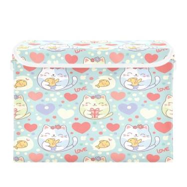 Imagem de Wassud Cestos de armazenamento dobráveis com tampas Kawaii corações de gatos cestas organizadoras de tecido dobrável para armário, decoração sazonal de casa 40 x 30 x 30 cm