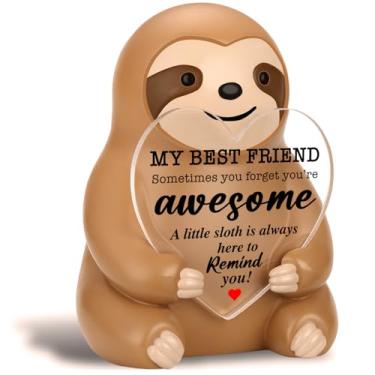 Imagem de akeke Presentes de Amizade, Preguiça, Amigo Positivo, Estatueta de Preguiça 7,5 cm Resina Decoração de Mesa com Sinal de Acrílico Coração Inspirador, Presente de Aniversário de Amizade Motivacional