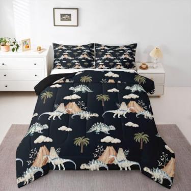 Imagem de jejeloiu Conjunto de cama de dinossauro da selva macio para meninos e meninas, conjunto de edredom solteiro, estampa de dinossauro, 3D, edredom de microfibra, 2 peças com 1 fronha