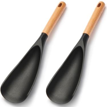 Imagem de 【Pacote com 2】Colher de cozinha de silicone para panelas antiaderentes - Colher de cozinha com cabo de madeira para misturar, girar, raspar e servir - Espátula resistente ao calor para assar, mexer