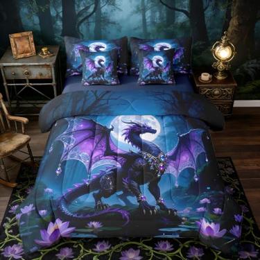 Imagem de Homewish Conjunto de edredom solteiro exótico dragão exótico com asas roxas, dragão ocidental, animal, para crianças, adolescentes e adultos, decoração de dormitório para todas as estações, conjunto