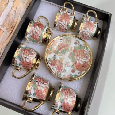 Imagem de Jogo 12 Peças: 6 Xícaras + 6 Pires de Porcelana Premium - Ideal para Café, Elegantes e Práticas para Residência e Bares (FLOR DOURADA ROSA VERDE FLORAL)