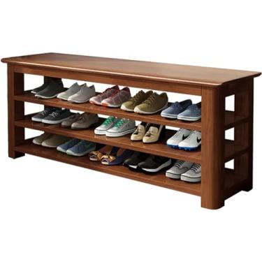 Imagem de Banqueta otomana moderna e sapateira de 3 níveis - Banco de armazenamento de madeira maciça de grande capacidade para sala de estar, quarto, entrada, corredor - acabamento em nogueira, 100 x 35 x 42