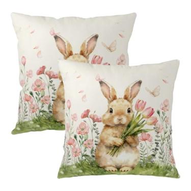 Imagem de Wnoesat Conjunto de 2 capas de almofada de coelho da páscoa para ambientes externos 45,7 x 45,7 cm, fronhas florais para decoração de casa e sofá