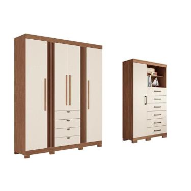 Imagem de Guarda Roupa e Cômoda Casal Kit QC293 4 Portas de Bater 4 Gavetas em MDP Fosco Texturiz...