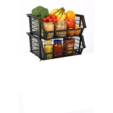 Imagem de Kit 6 Cesto Cestao Empilhavel Preto Expositor Reforçado Organizador Estoque Dispensa Loja 20x44cm organizador de cozinha Para Dispensa, Loja, Estoque, Cozinha e Área de Serviço(2 Cestos)