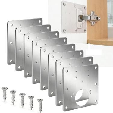 Imagem de Kit de reparo de dobradiça de armário de 8 peças, suportes de alinhamento de aço inoxidável e kit de substituição de reparo de parafusos antifrouxos, calços de dobradiça de armário embutidos para