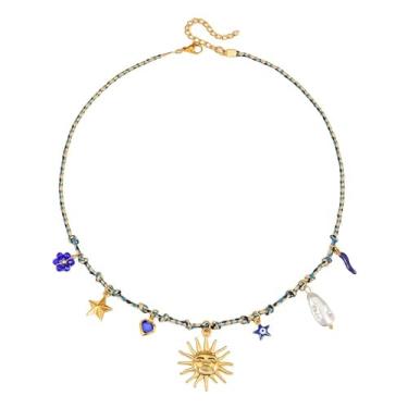 Imagem de Colar com pingente de sol, estrela-do-mar, pérola, coração, tartaruga, sol, dopamina, aço inoxidável, clavícula, joia banhada a ouro