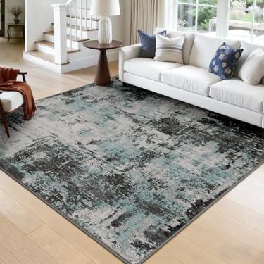 Imagem de RELEANY Tapetes laváveis, quadrados, 2,4 m, antiderrapantes, modernos, abstratos, macios para sala de estar, entrada, quarto, berçário, estampa estampada, azul e preto azul-petróleo