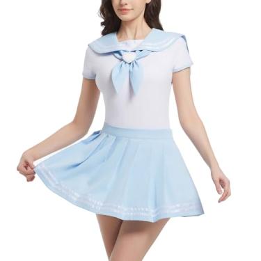 Imagem de WhisperWilds Macacão, pijama, gola marinheira, body para mulheres, azul fofo, macacão para dormir com saia plissada, Azul, X-Large