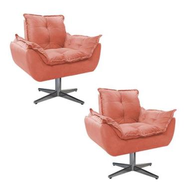 Imagem de kit 02 Poltronas Opala Base Giratória de Metal Suede Coral - Doce Sonh