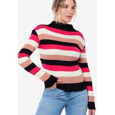 Imagem de Blusa de Tricot Listrada Gola Alta Sob Rosa e Preta-Feminino