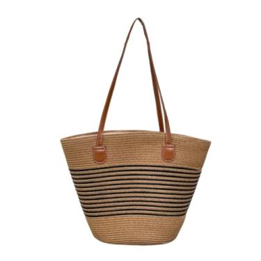 Imagem de CHENXIAOHONG Bolsa Feminina de Palha Grande | Bolsa Praia Feminina Estilo Verão | Bolsa Tote Feminina Casual para Dia a Dia e Viagem(Bolsa de palha com riscas pretas)