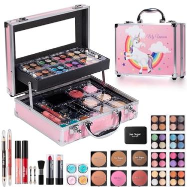 Imagem de Hot Sugar Kit de maquiagem para meninas, conjunto de maquiagem infantil com estojo de cauda de unicórnio, inclui paleta de sombra, blush, batom, lápis de lábio, lápis de olho