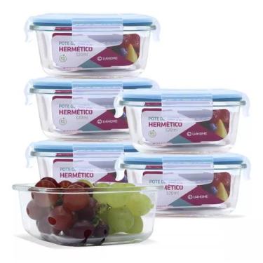 Imagem de Kit 6 Potes Vidro Hermético Trava Quadrado 520ml Azul - Futuro