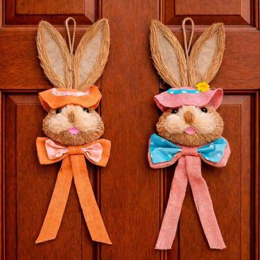 Imagem de Pendente Casal Cabeça Coelho Decoração De Páscoa Palha 65cm