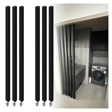 Imagem de Divisória de sala de ripas de madeira preta ajustável - Pacote com 6 divisórias de coluna oca para hall de entrada, lavanderia, banheiro, sala de estar, restaurante - Separadores de altura elegantes