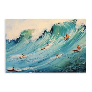 Imagem de Pintura original de surf em tela, arte de parede grande, arte de cenário natural com ondas do oceano azul, decoração de parede de quarto, pôster de tela 30,5 x 45,7 cm sem moldura