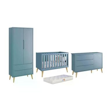 Imagem de Dormitório Theo 2 Portas, Cômoda Com Porta Azul Com Pés Madeira Natural E Colchão D18 Reller Móveis