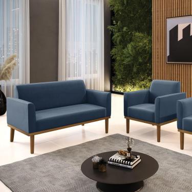 Imagem de Conjunto Poltrona E Namoradeira Decorativa Pés Fixo Em Madeira Castanho Suede Azul Marinho