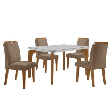 Imagem de Conjunto Mesa Liz 120cm Com Vidro Cp 4 Cadeiras Athenas Moderna Veludo Capuccino Off White Imbuia