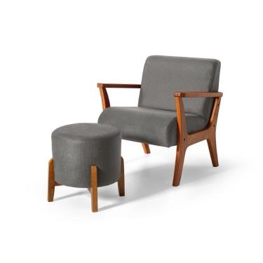 Imagem de Conjunto Poltrona Estofada Cléo Puff Redondo Berlim Cinza