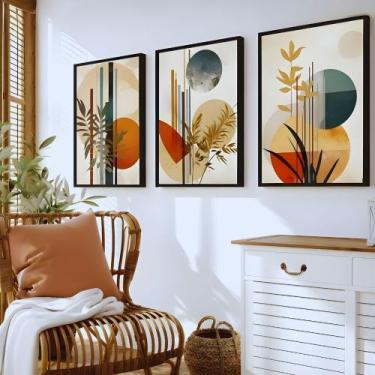 Imagem de Kit 3 Quadros Boho Abstrato Folhagem Nude com Moldura - Equadros, Pret