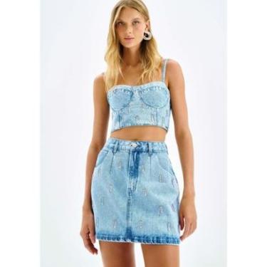Imagem de Saia Jeans Curta Cintura Alta com Strass-Feminino